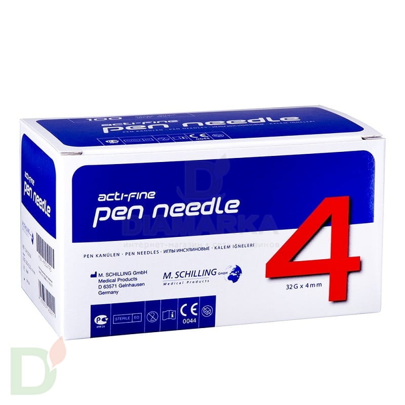 Иглы Акти-Файн (Acti-Fine) 32G, длина 4 мм, 100 штук, для шприц ручек