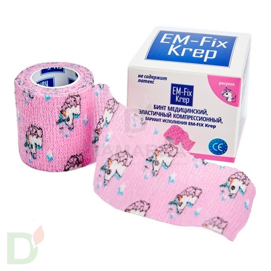 Бинт самофиксирующийся EM-Fix krep Розовый с единорогом, 5см*4,5м в Воронеже